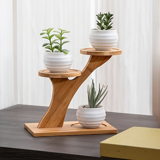 Suporte para Plantas em Bambu de 2 Níveis – Base Redonda em Madeira, Ideal para Vasos Pequenos. Perfeito para Decoração de Casa, Escritório e Varanda. Design Minimalista de Dois Níveis, Ideal para Plantas de Interior |
