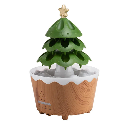 Humidificador de Ar em Forma de Árvore de Natal — Difusor de Aromaterapia com Efeito de Gotas de Água, Controlo Remoto e Nuvem de Chuva. A escolha perfeita para oferecer neste Natal.