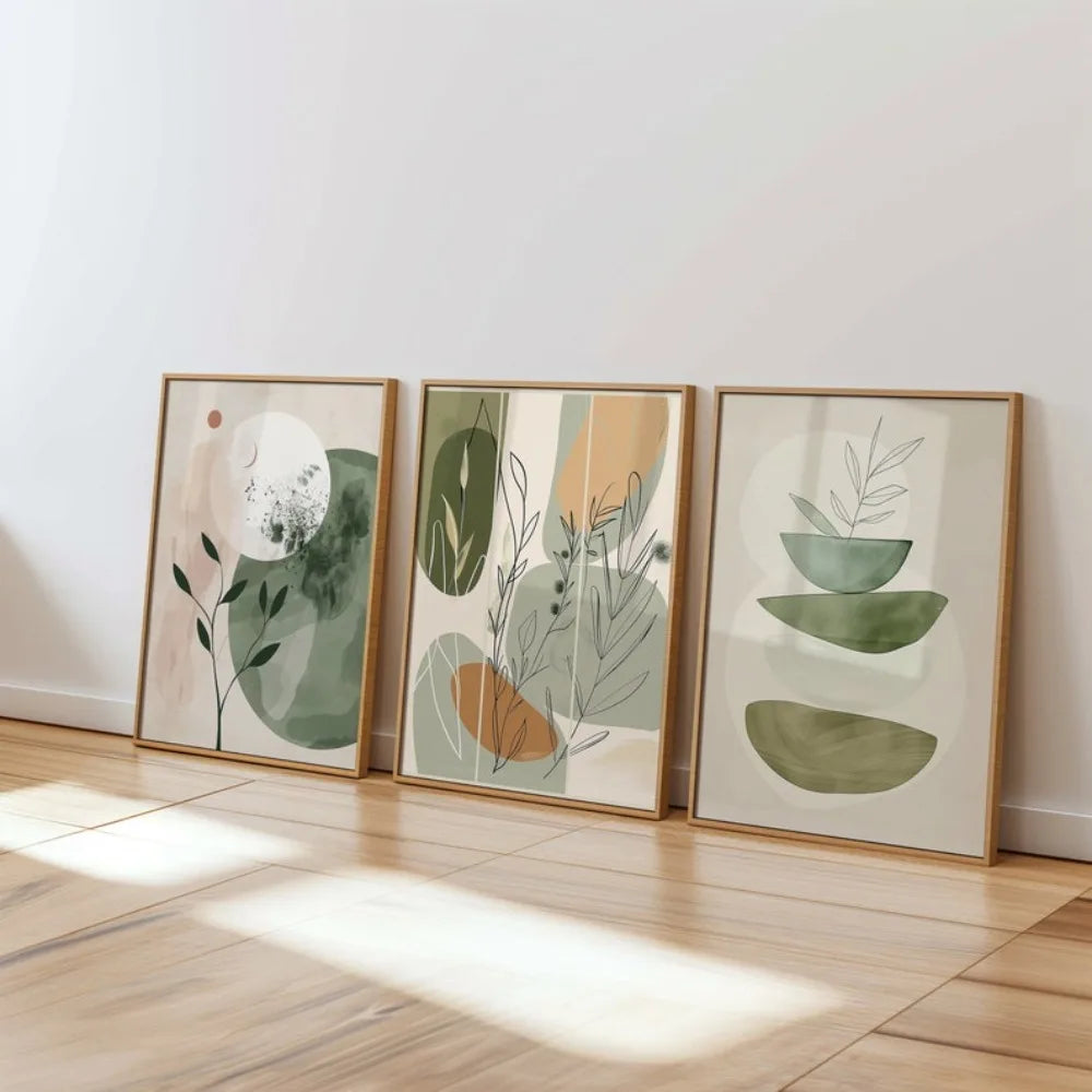 Botanical Art Set – Wall Decor with Plants, Boho Floral Art in Earthy Tones, Set of Three Minimalist Posters