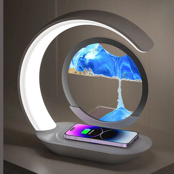 Quicksand Table Lamp with USB and Wireless Charging — Table Lamp with 3D Hourglass, Sand Painting, and Night Light for Office or Bedroom Decoration