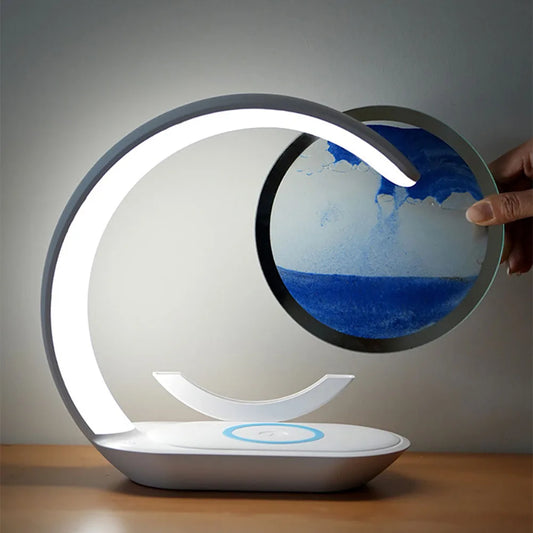 Quicksand Table Lamp with USB and Wireless Charging — Table Lamp with 3D Hourglass, Sand Painting, and Night Light for Office or Bedroom Decoration